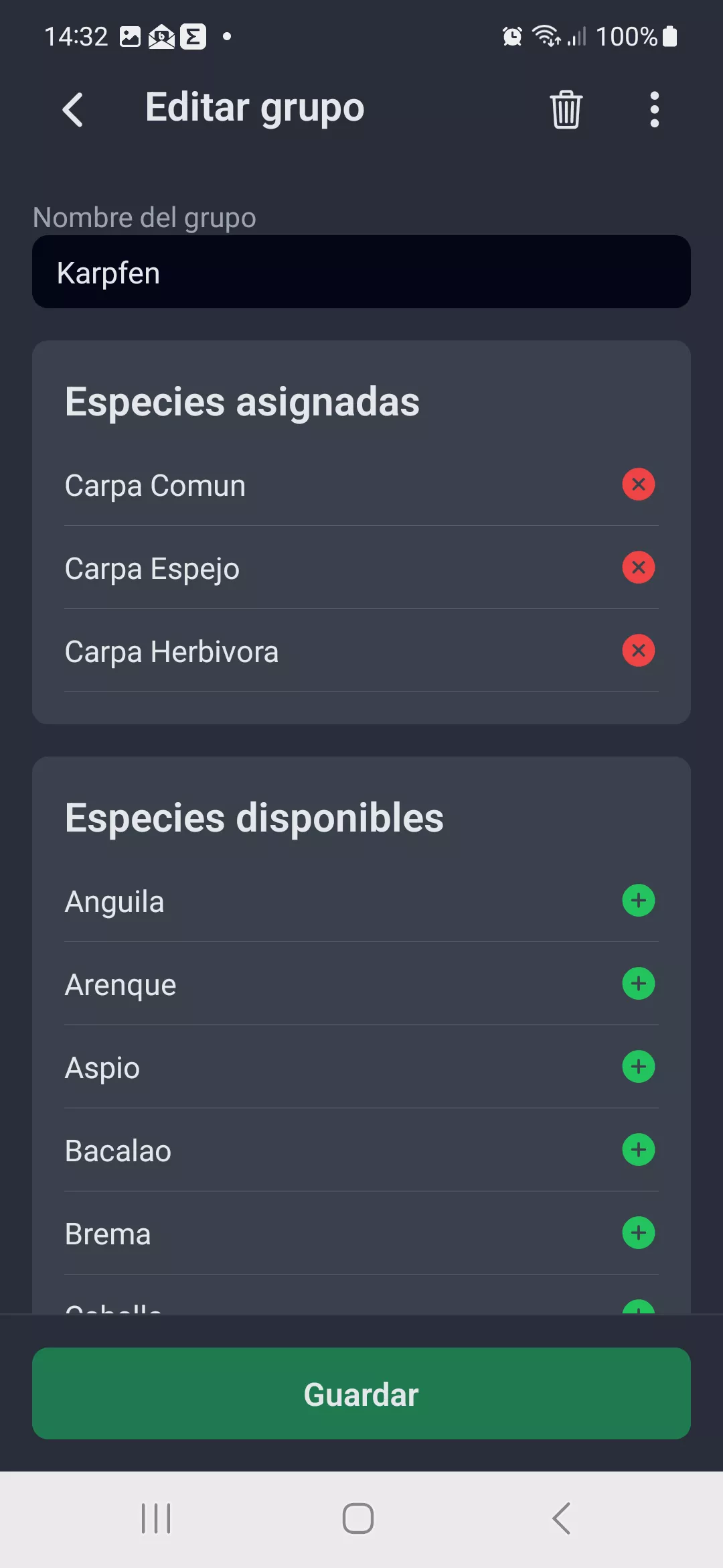 Captura de pantalla: Editar grupo de especies