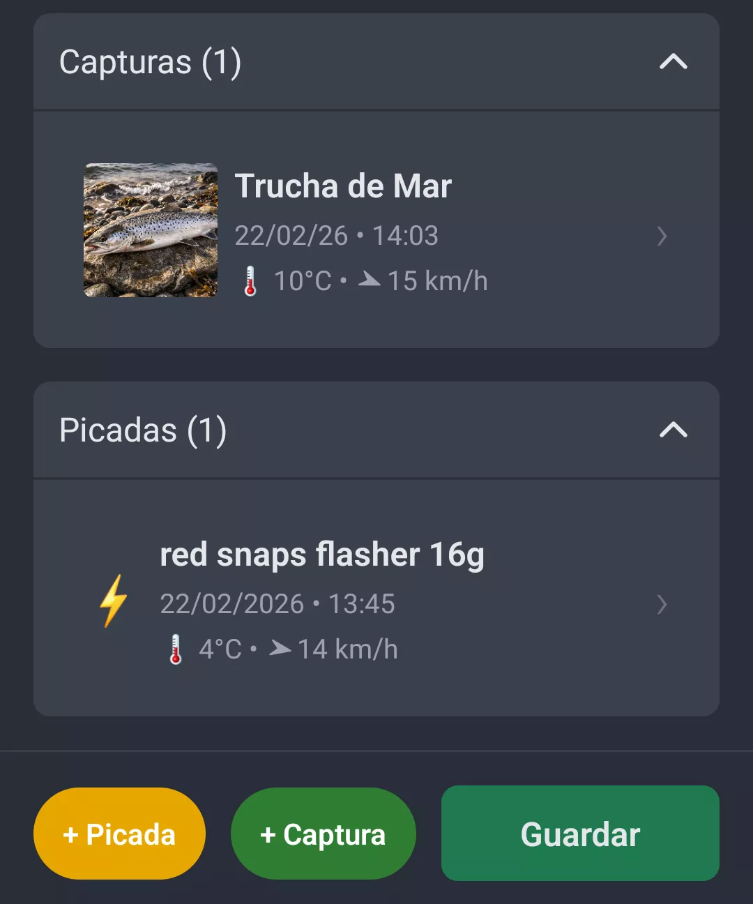 Captura de pantalla: Capturas y picadas en la sesion