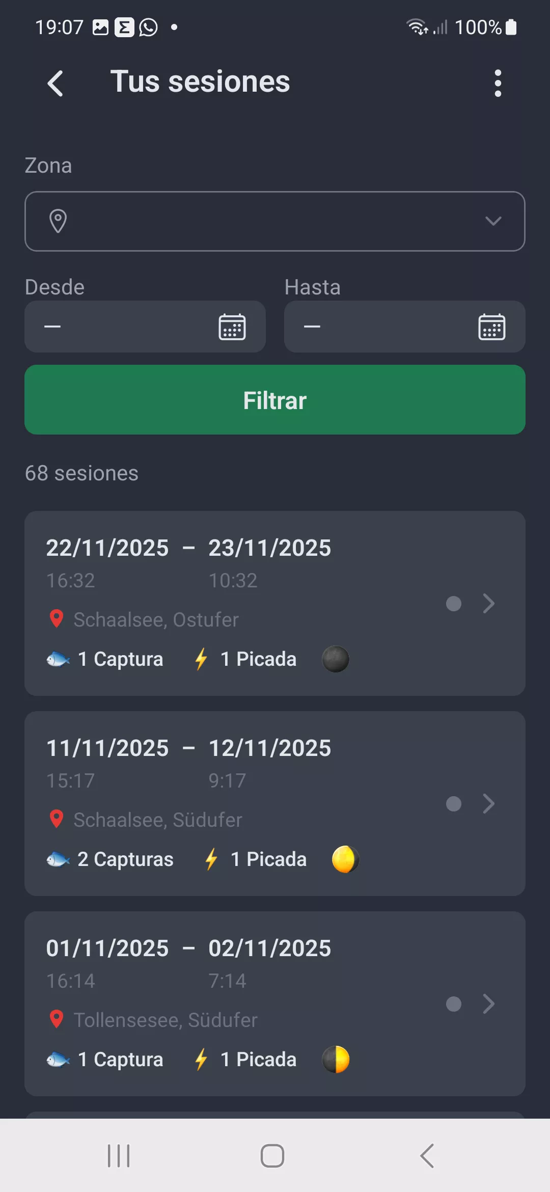 Captura de pantalla: Lista de sesiones