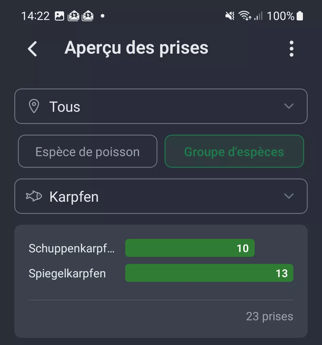 Capture d'ecran : Evaluation des prises par groupe d'especes Carpe