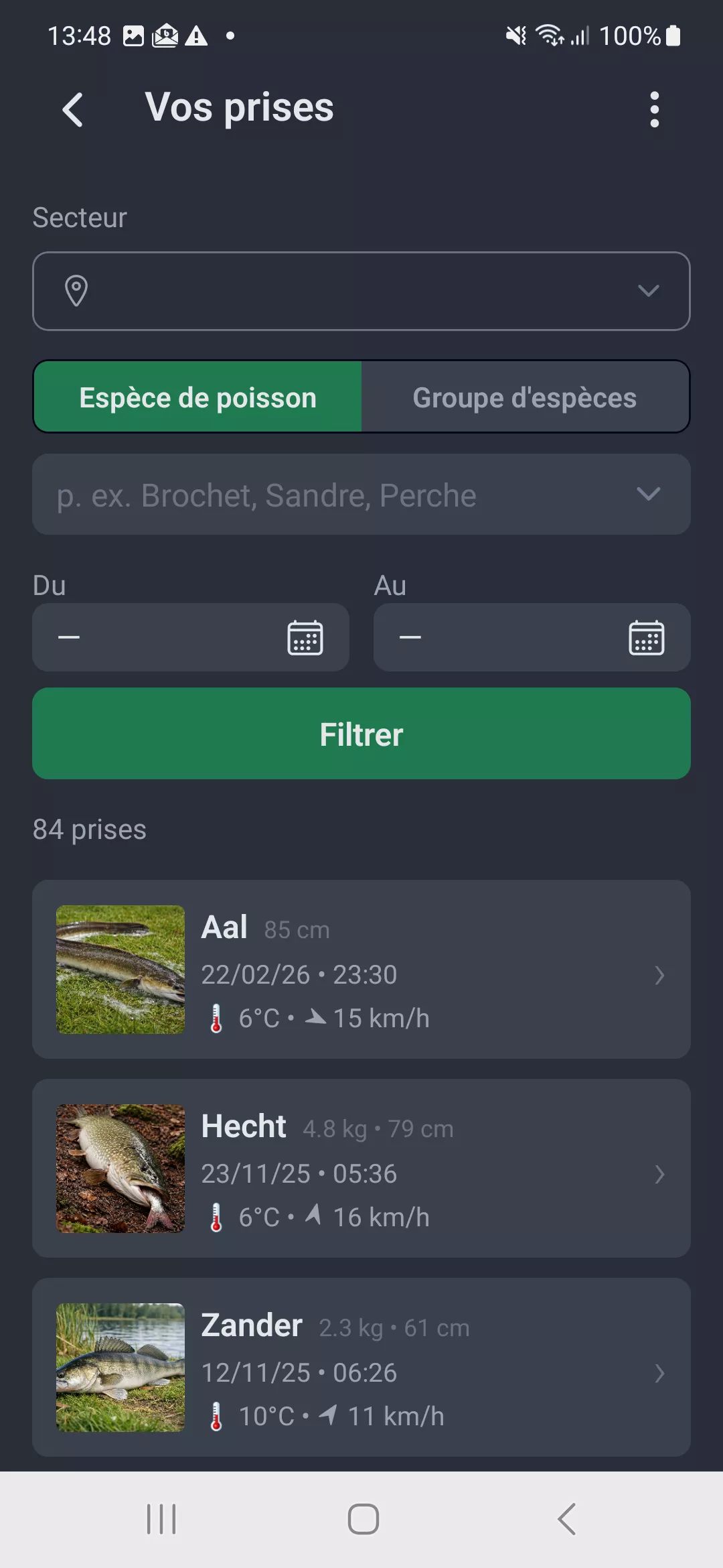 Capture d'ecran : Liste des prises