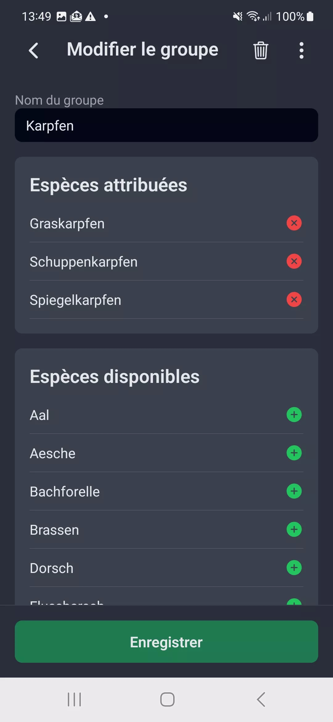Capture d'ecran : Modifier un groupe d'especes