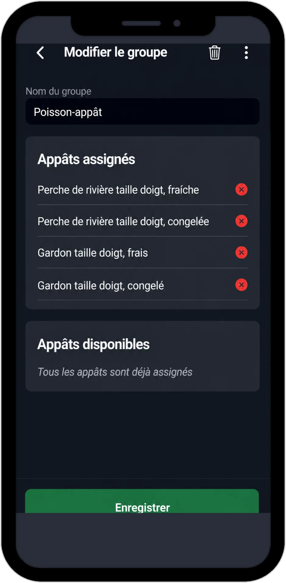 Capture : modifier un groupe d'appâts