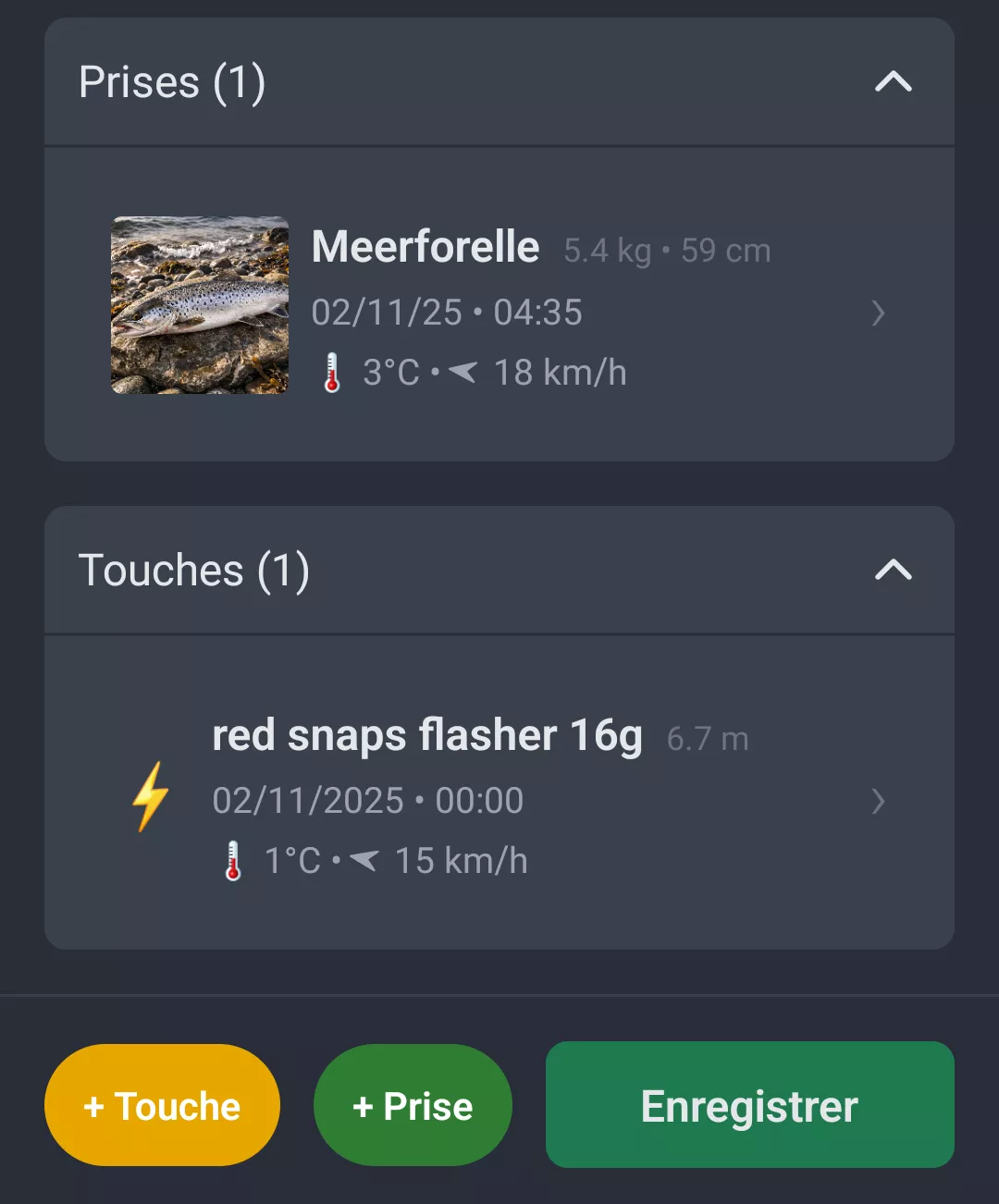 Capture d'ecran : Prises et touches dans la session