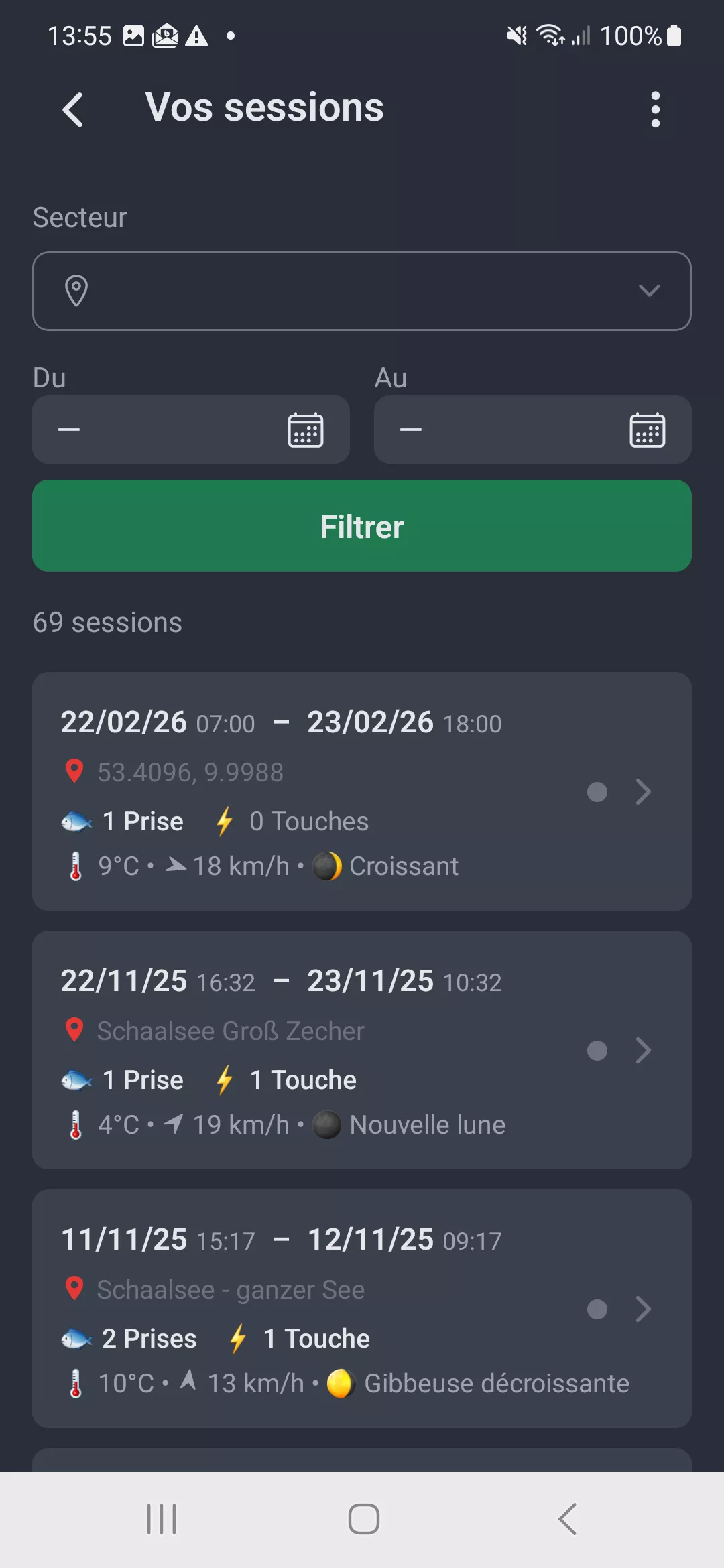 Capture d'ecran : Liste des sessions