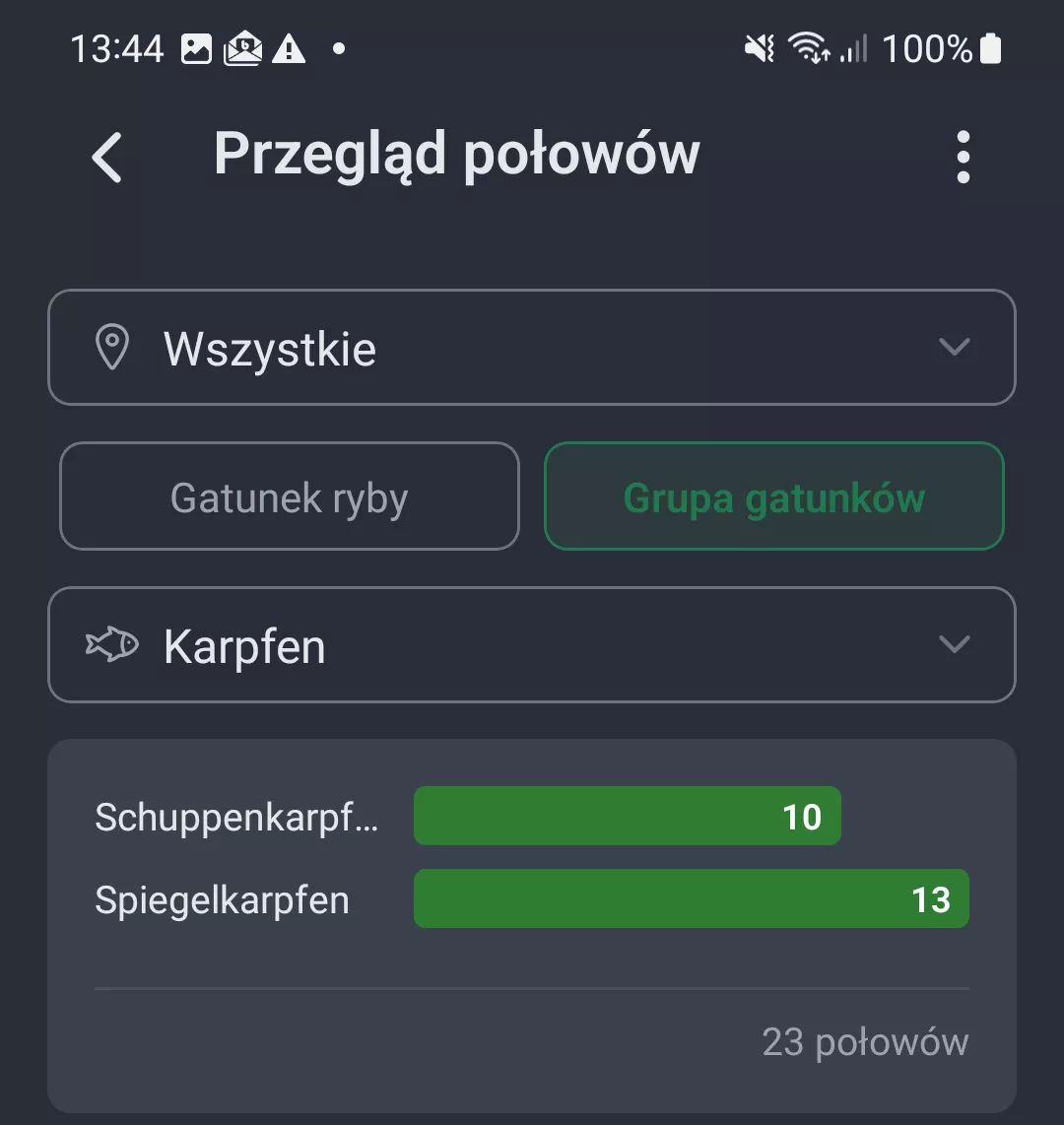 Zrzut ekranu: Ocena polowow wedlug grupy gatunkow Karpie