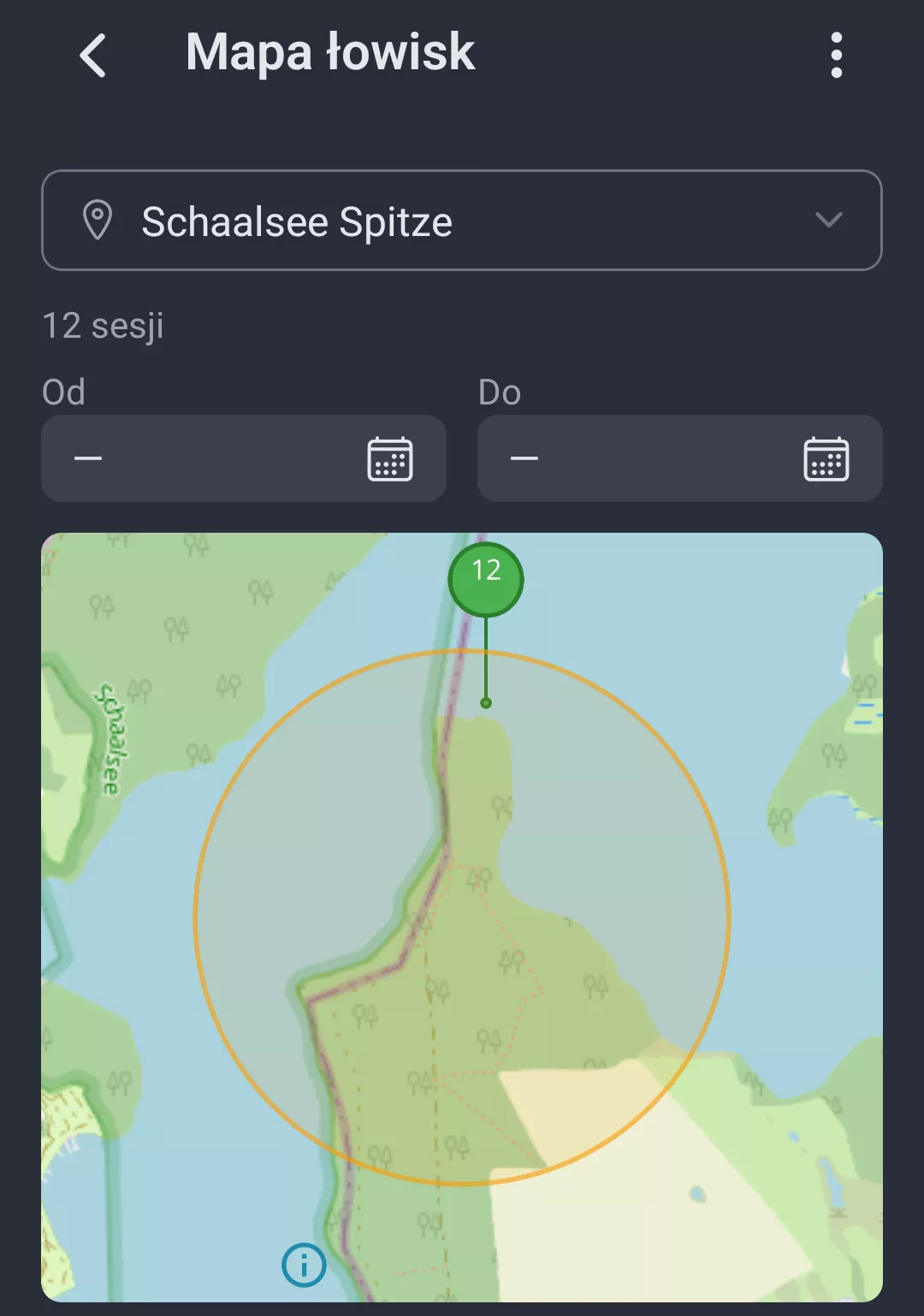 Zrzut ekranu: Mapa lowiska ze znacznikami sesji