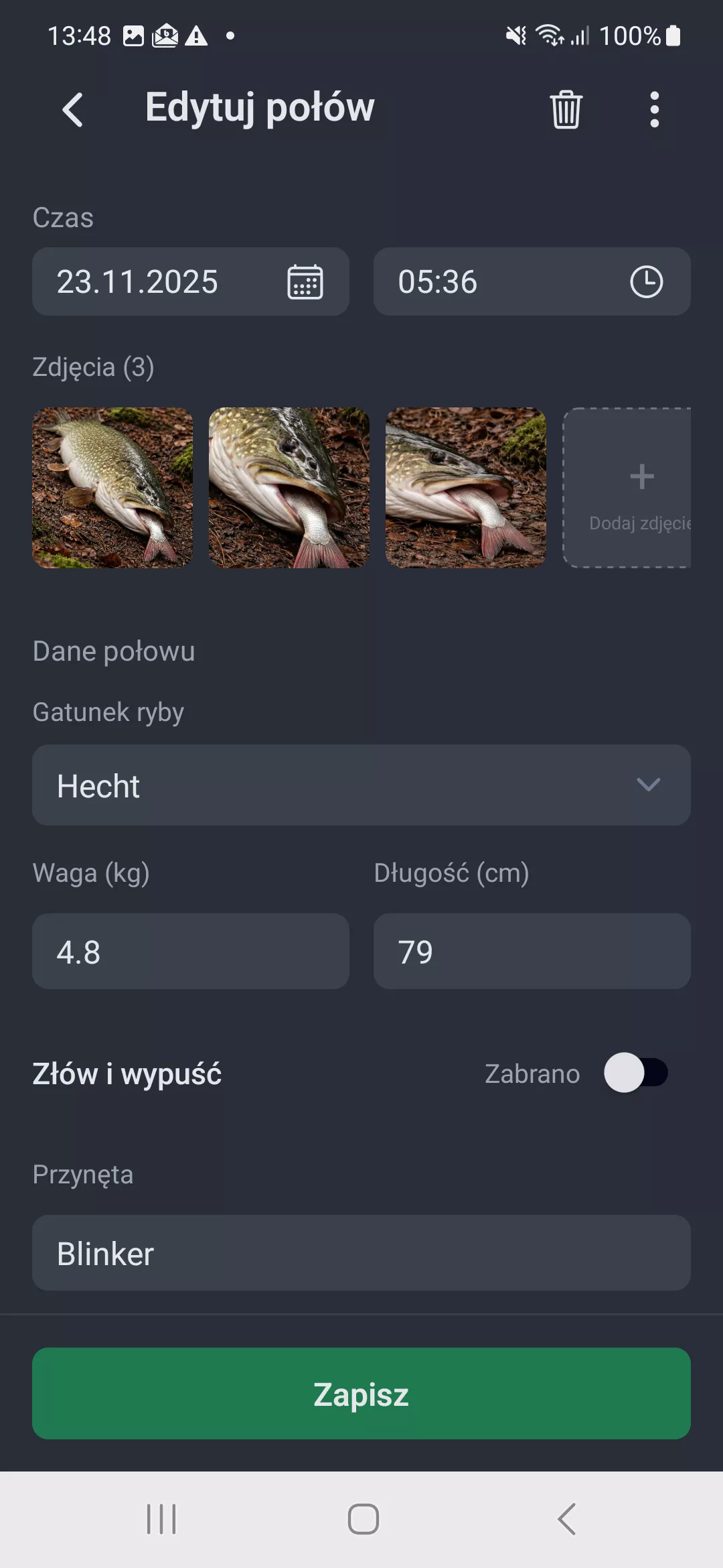 Zrzut ekranu: Zapisywanie polowu