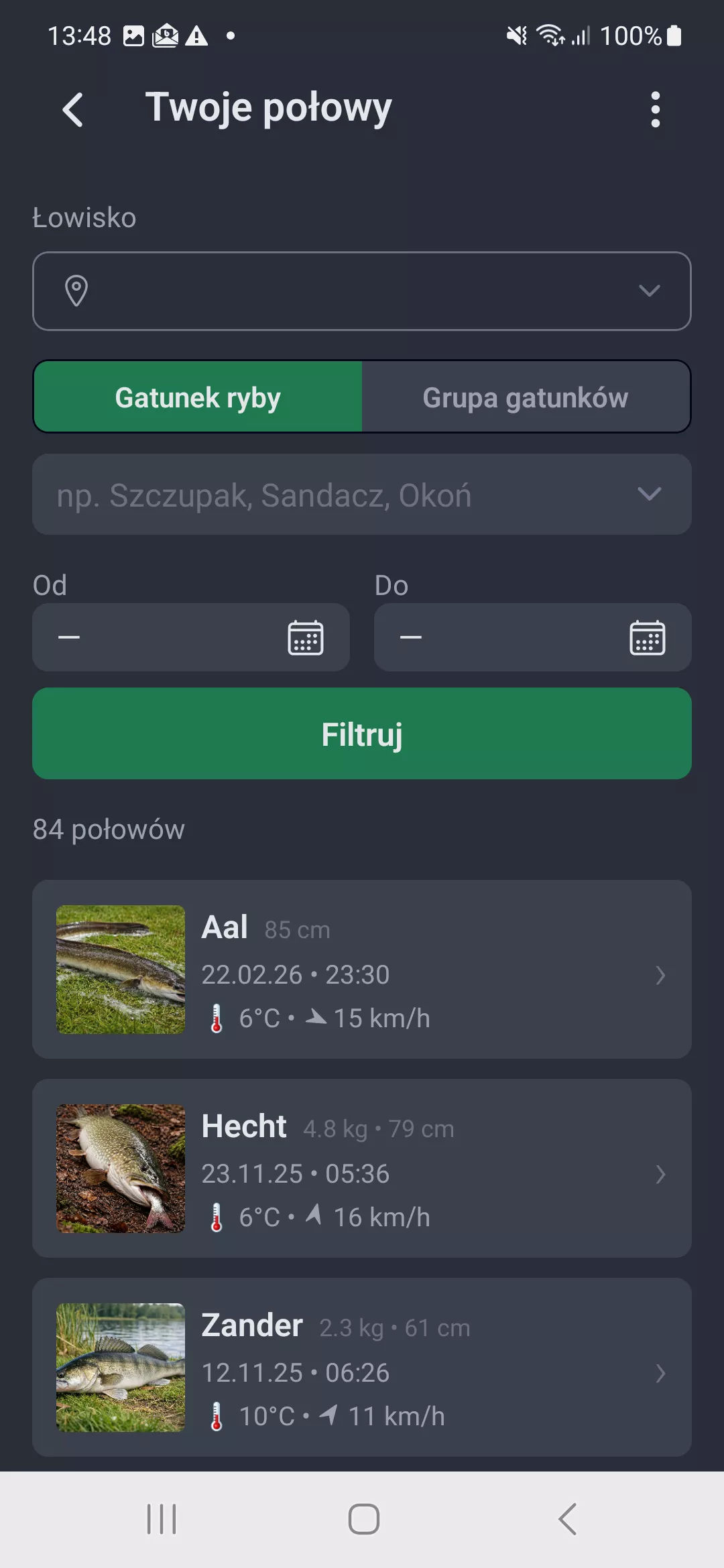 Zrzut ekranu: Lista polowow
