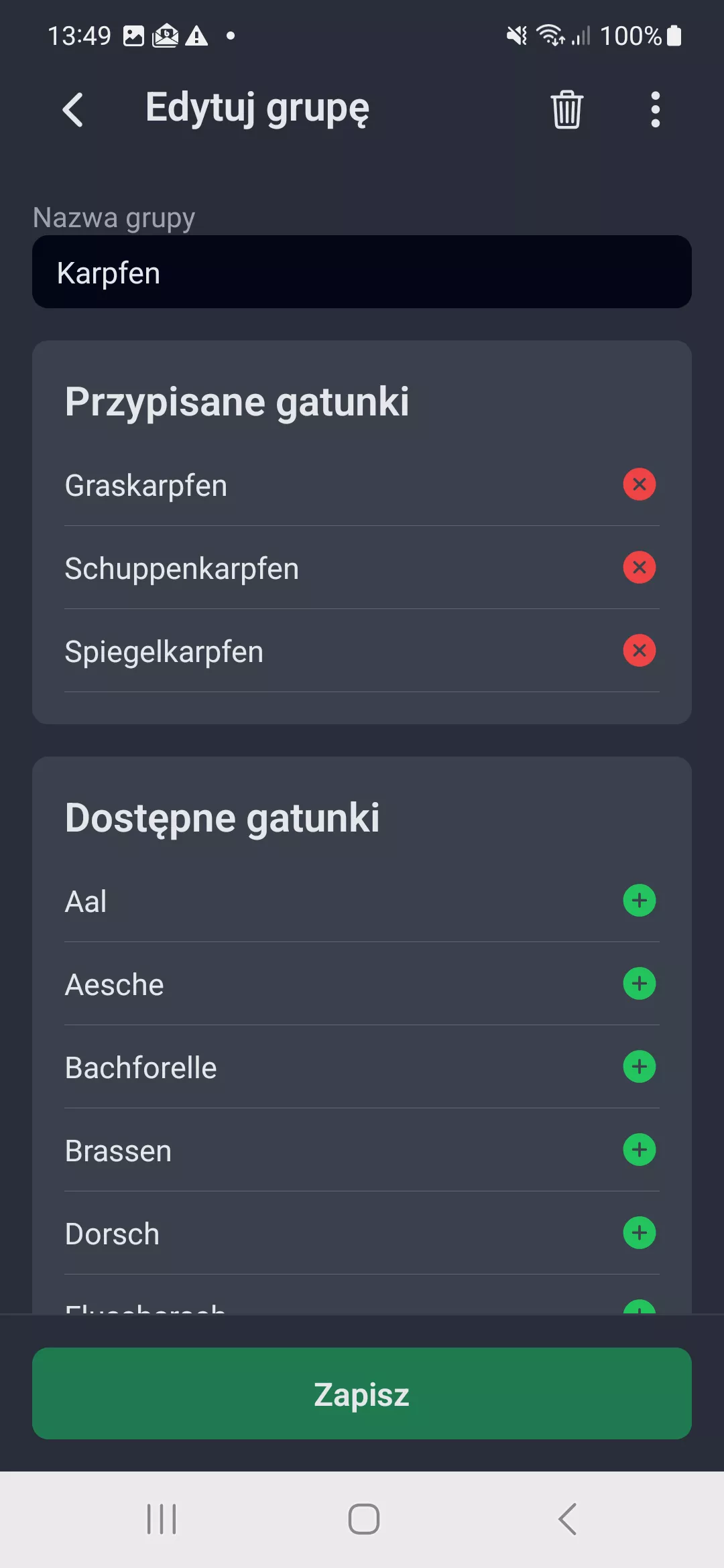 Zrzut ekranu: Edycja grupy gatunkow