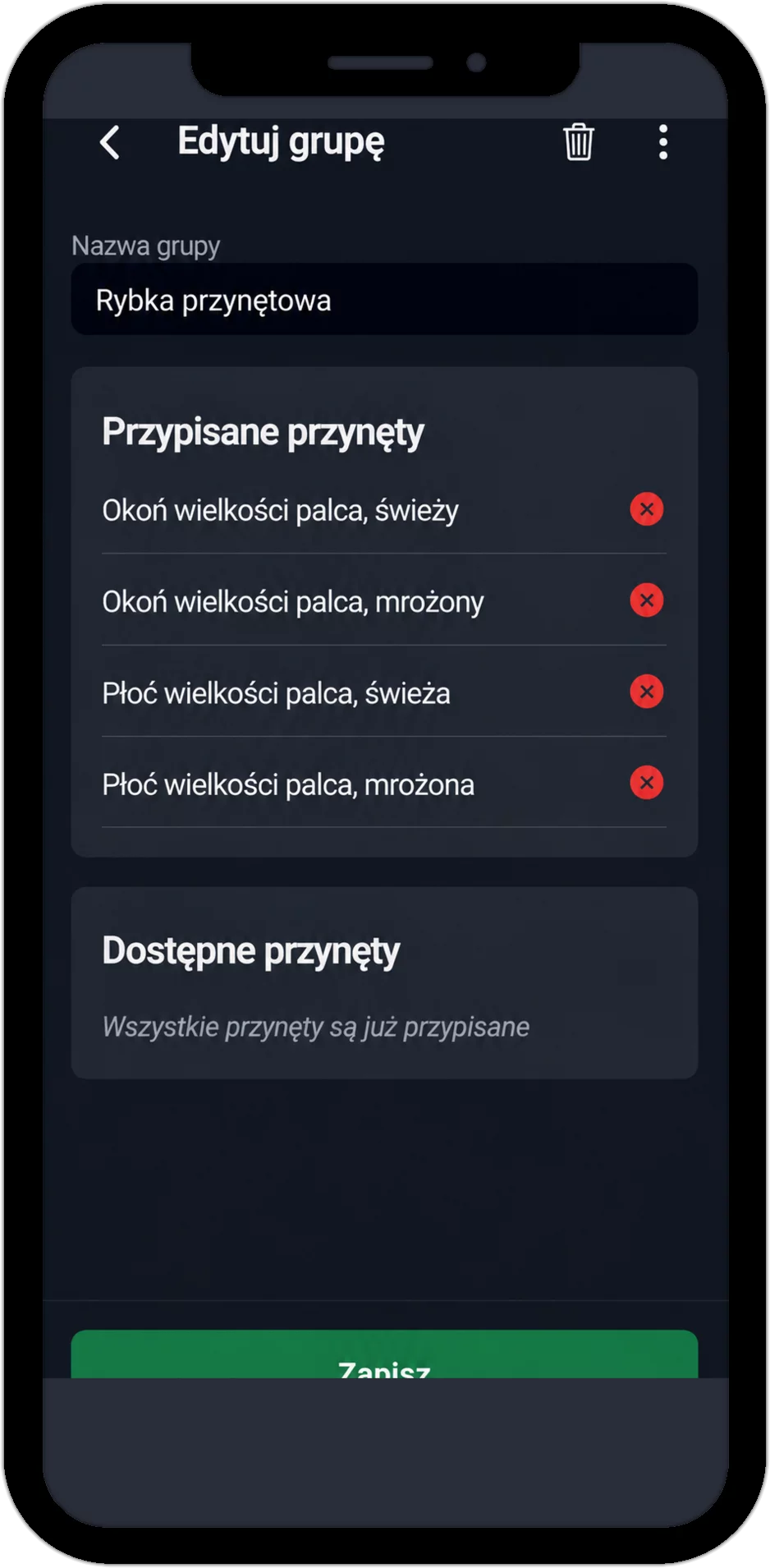 Zrzut ekranu: Edycja grupy przynęt