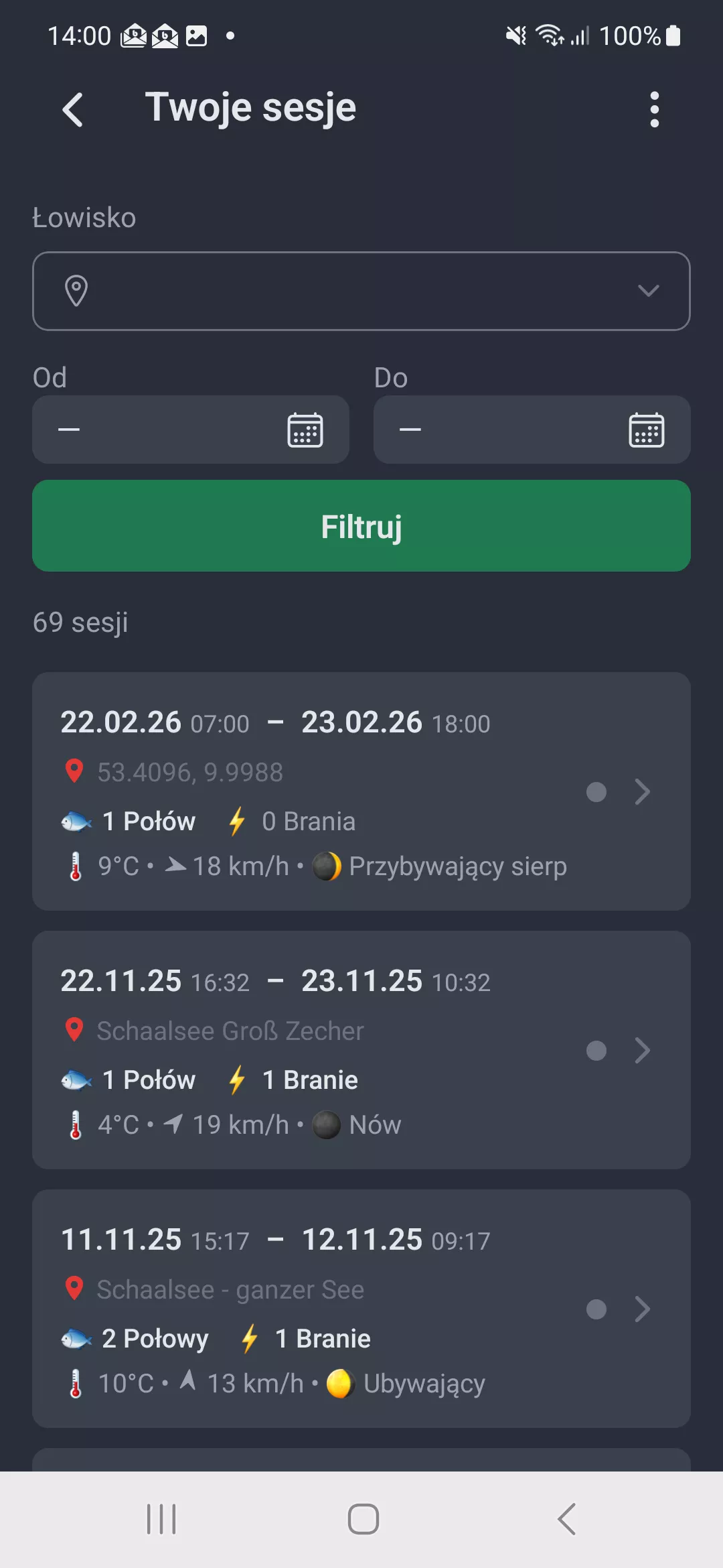 Zrzut ekranu: Lista sesji