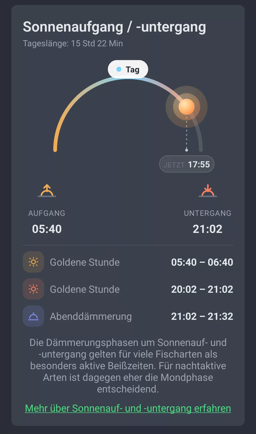 Sonnenverlauf im Wettertrend-Tab von AngelStratege mit Aufgang, Untergang, Goldener Stunde und Abenddämmerung