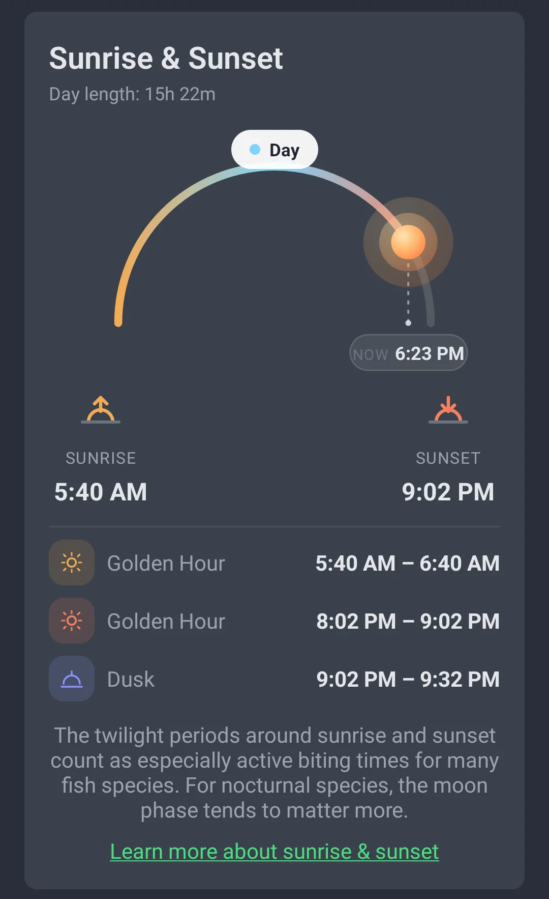 Sun times in AngelStratege's Weather Trend tab showing sunrise, sunset, Golden Hour and Dusk