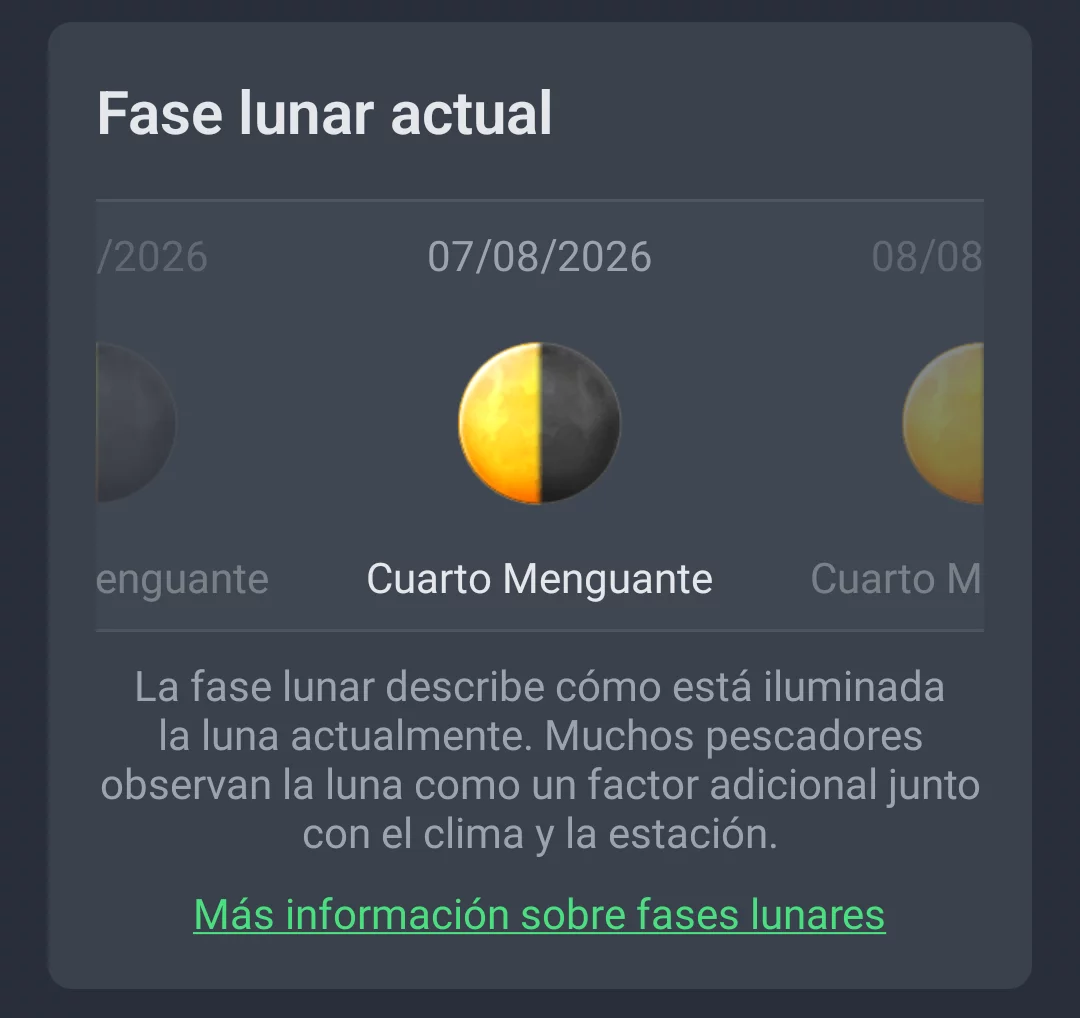 Indicador de fase lunar en la pestaña Tendencia meteorológica de AngelStratege con fecha y nombre de la fase