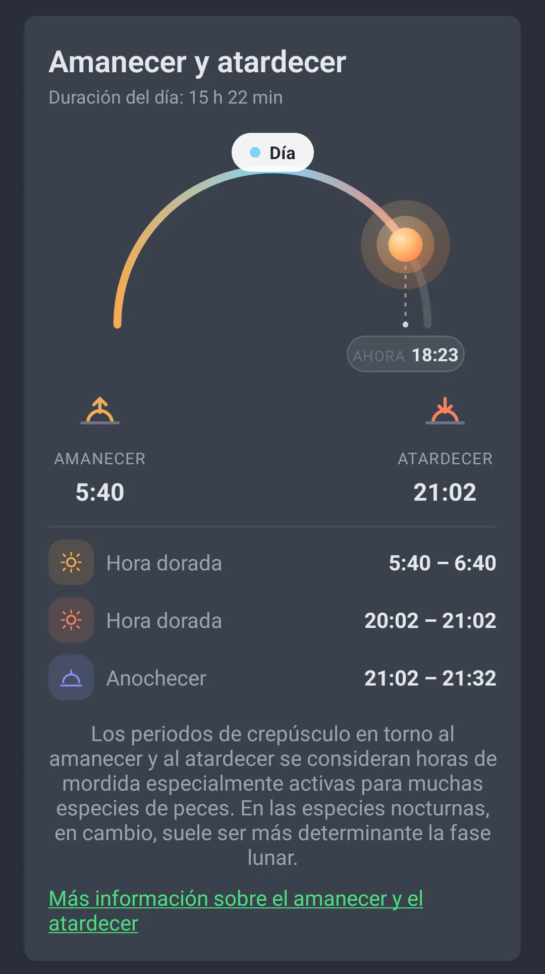 Evolución del sol en la pestaña Tendencia meteorológica de AngelStratege con amanecer, atardecer, hora dorada y anochecer