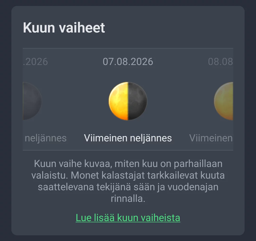 Kuun vaiheen näyttö AngelStrategen Säätrendi-välilehdellä päivämäärän ja vaiheen nimen kanssa