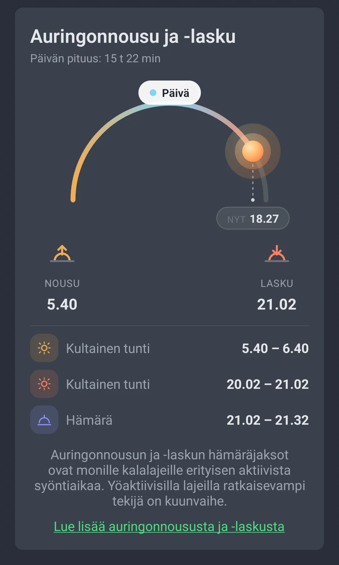 Auringon kulku AngelStrategen Säätrendi-välilehdellä nousulla, laskulla, kultaisella tunnilla ja hämärällä