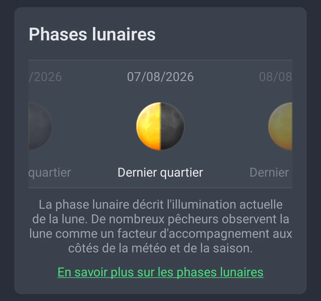 Affichage des phases lunaires dans l'onglet Tendance météo d'AngelStratege, avec date et nom de la phase