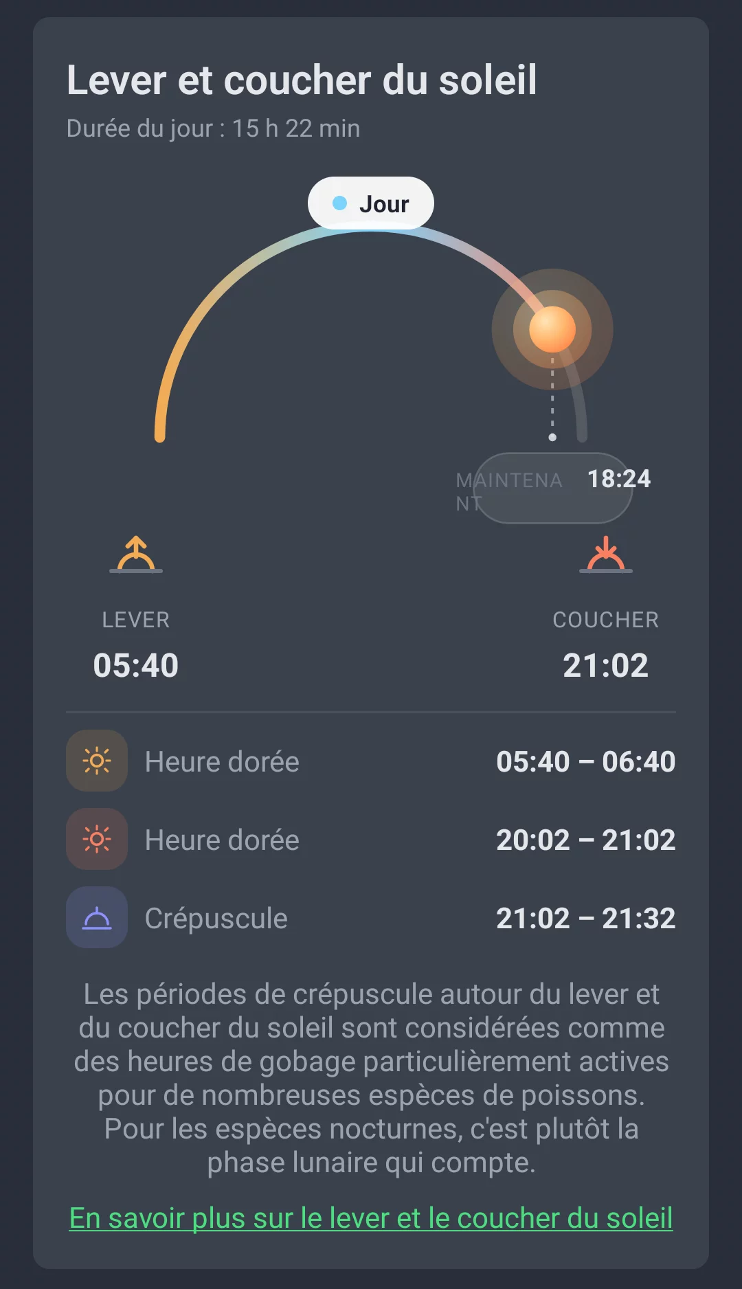 Course du soleil dans l'onglet Tendance météo d'AngelStratege, avec lever, coucher, heure dorée et crépuscule