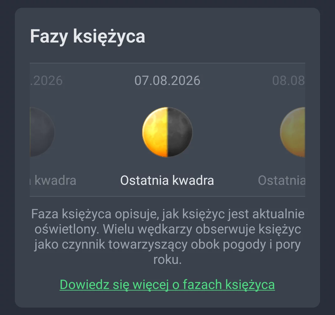 Wskaźnik fazy księżyca w zakładce Trend pogodowy AngelStratege z datą i nazwą fazy
