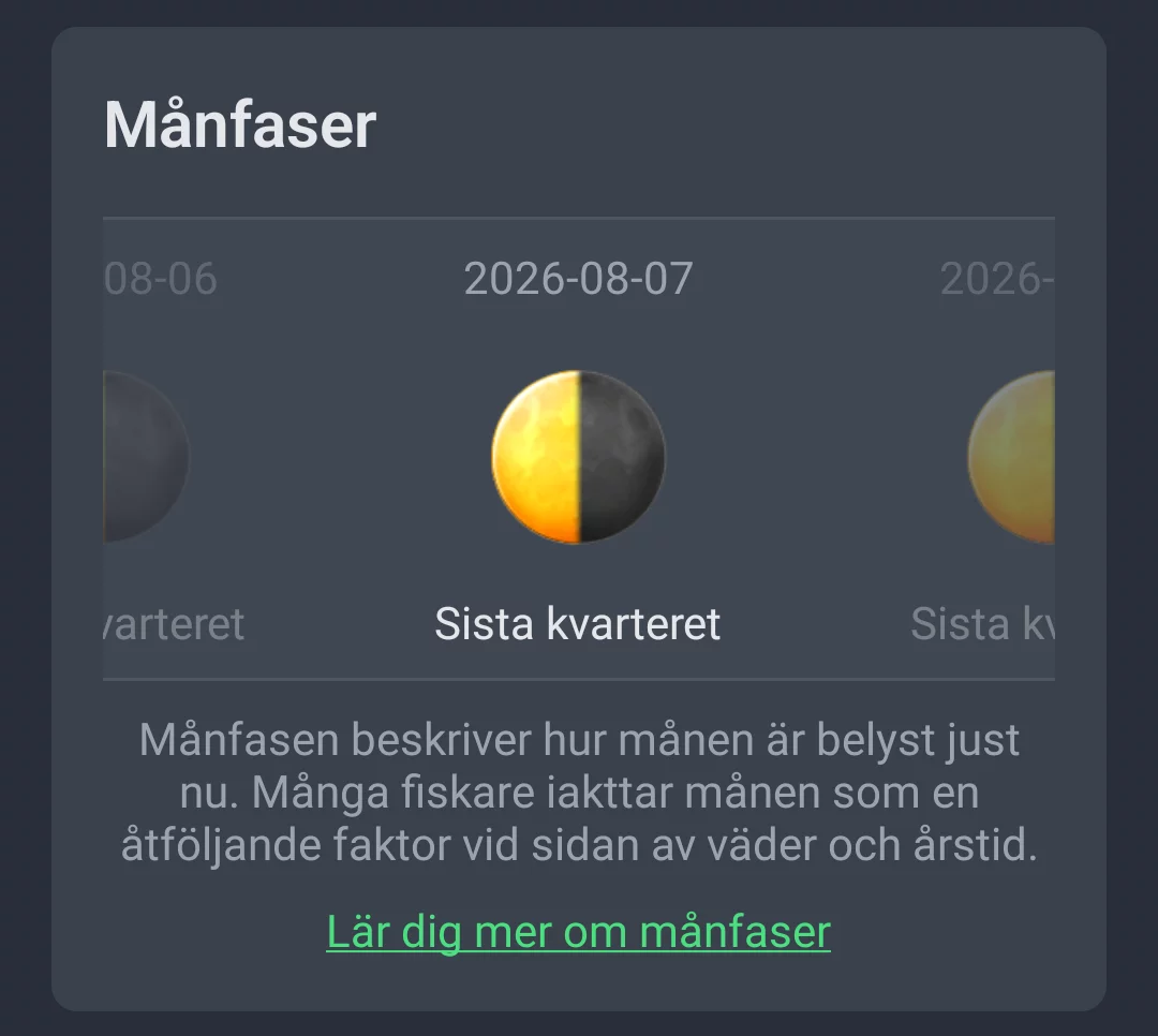 Månfasvisning i fliken Vädertrend i AngelStratege med datum och fasnamn